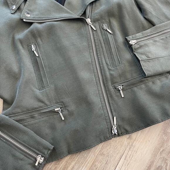 Club Monaco Women’s Kapri Moto Biker Jacket Olive Green Cropped Zip Front Size M - Picture 13 of 13